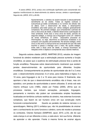 32
A autora (ARCE, 2012), produz uma contribuição significativa para compreensão dos
aspectos morfofuncionais do desenvolvimento do sistema nervoso, cérebro e aprendizagem.
Segundo ela, (ARCE, 2012, p.26-28).
Aparentemente, o cérebro do recém-nascido é estruturalmente
semelhante ao do adulto. Todas as regiões corticais e
subcorticais já estão constituídas e no número de células não
se altera. Com o desenvolver da idade, o desempenho
encefálico pós-natal passa por vários estágios gradualmente
complexos. No primeiro estágio, que compreende o período de
zero a dois anos de idade, o latente desenvolve a percepção do
meio ambiente. Entre dois a cinco anos de idade, período do
segundo estágio, a criança usa a linguagem como um sistema
de sinais simbólicos. O córtex associativo processa as
informações, ou seja, discrimina os estímulos recebidos e os
compara com aqueles pré-existentes. No terceiro estágio, entre
cinco a oito anos a criança torna-se consciente de que não está
sozinha e passa a interagir com o meio. No quarto estágio,
entre sete a doze anos de idade, a criança reconhece as
relações entre e objetos e compreende seus valores relativos.
Segundo autores citados (ARCE, MARTINS 2012), estudos de imagem
funcional do cérebro revelaram que a estimulação precoce aumenta a função
encefálica, ao passo que a ausência de estimulação precoce leva a perda de
função encefálica. Pesquisas sobre desenvolvimento mostraram que existem
janelas desenvolvimentais de oportunidade para diferentes funções
encefálicas. Consequentemente as janelas de oportunidade são de 0 a 2 anos
para o desenvolvimento emocional, 0 a 4 anos, para matemática e lógica, 0 a
10 anos, para linguagem e de 3 a 10 anos para música. E finalmente, elas
apontam o fato de que o desenvolvimento encefálico não é linear, mas sim
episódico, com janelas de oportunidades a serem utilizadas. E ainda sob este
mesmo enfoque Luria (1980), citado por Freitas (2006), afirma que os
processos mentais, que incluem sensações, percepção, linguagem,
pensamento e memória não podem ser considerados simples faculdades
localizadas em territórios corticais restritos do cérebro, mas sistemas funcionais
complexos, que fazem do ser humano único em sua construção morfo
funcional e comportamental. Quanto ao paralelo do sistema nervoso e a
aprendizagem, Metring (2011) enfatiza que, não há possibilidades de ensinar
sem o conhecimento de como funciona o cérebro, como ele recebe e processa
os conteúdos. Citando Sampaio (SAMPAIO, apud, 2010, p.33), ele diz que
cada criança é um ser diferente e único, e cada aluno tem sua forma diferente
de aprender e não aprender. Frente á mesma forma de ensinar alguns
 