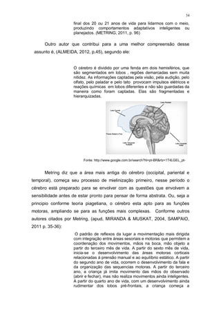 34
final dos 20 ou 21 anos de vida para lidarmos com o meio,
produzindo comportamentos adaptativos inteligentes ou
planejados. (METRING, 2011, p. 96)
Outro autor que contribui para a uma melhor compreensão desse
assunto é, (ALMEIDA, 2012, p.45), segundo ele:
O cérebro é dividido por uma fenda em dois hemisférios, que
são segmentados em lobos , regiões demarcadas sem muita
nitidez. As informações captadas pela visão, pela audição, pelo
olfato, pelo paladar e pelo tato provocam impulsos elétricos e
reações químicas em lobos diferentes e não são guardadas da
maneira como foram captadas. Elas são fragmentadas e
hierarquizadas.
Fonte: http://www.google.com.br/search?hl=pt-BR&rlz=1T4LGEL_pt-
Metring diz que a área mais antiga do cérebro (occipital, pariental e
temporal), começa seu processo de mielinização primeiro, nesse período o
cérebro está preparado para se envolver com as questões que envolvem a
sensibilidade antes de estar pronto para pensar de forma abstrata. Ou, seja a
principio conforme teoria piagetiana, o cérebro esta apto para as funções
motoras, ampliando se para as funções mais complexas. Conforme outros
autores citados por Metring, (apud, MIRANDA & MUSKAT, 2004, SAMPAIO,
2011 p. 35-36):
O padrão de reflexos da lugar a movimentação mais dirigida
com integração entre áreas sesoriais e motoras que permitem a
coordenação dos movimentos, mãos na boca, mão objeto a
partir do terceiro mês de vida. A partir do sexto mês de vida,
inicia-se o desenvolvimento das áreas motoras corticais
relacionadas á prensão manual e ao equilíbrio estático. A partir
do segundo ano de vida, ocorrem o desenvolvimento da fala e
da organização das sequencias motoras. A partir do terceiro
ano, a criança já imita movimento das mãos do observado
(abrir e fechar), mas não realiza movimentos ainda inteligentes.
A partir do quarto ano de vida, com um desenvolvimento ainda
rudimentar dos lobos pré-frontais, a criança começa a
 