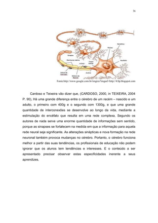 36
Fonte:http://www.google.com.br/imgres?imgurl=http://4.bp.blogspot.com
Cardoso e Teixeira vão dizer que, (CARDOSO, 2000, in TEIXEIRA, 2004
P. 90), Há uma grande diferença entre o cérebro de um recém – nascido e um
adulto, o primeiro com 400g e o segundo com 1300g, e que uma grande
quantidade de interconexões se desenvolve ao longo da vida, mediante a
estimulação do encéfalo que resulta em uma rede complexa. Segundo os
autores de nada serve uma enorme quantidade de informações sem sentido,
porque as sinapses se fortalecem na medida em que a informação para aquela
rede neural seja significante. As alterações sinápticas e nova formação na rede
neuronal também provoca mudanças no cérebro. Portanto, o cérebro funciona
melhor a partir das suas tendências, os profissionais de educação não podem
ignorar que os alunos tem tendências e interesses. E o conteúdo a ser
apresentado precisar observar estas especificidades inerente a seus
aprendizes.
 