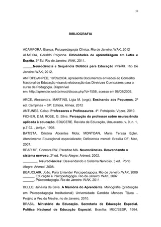 39
BIBLIOGRAFIA
ACAMPORA, Bianca. Psicopedagogia Clínica. Rio de Janeiro: WAK, 2012
ALMEIDA, Geraldo Peçanha. Dificuldades de aprendizagem em Letra e
Escrita. 3ª Ed. Rio de Janeiro: WAK, 2011.
_____.Neurociência e Sequência Didática para Educação Infantil. Rio De
Janeiro: WAK, 2012.
ANFOPE/ANPED, 10/09/2004, apresenta Documentos enviados ao Conselho
Nacional de Educação visando elaboração das Diretrizes Curriculares para o
curso de Pedagogia. Disponível
em: http://aprender.unb.br/mod/discss.php?d=1558, acesso em 08/08/2008.
ARCE, Alessandra, MARTINS, Ligia M. (orgs). Ensinando aos Pequenos. 2ª
ed. Campinas – SP: Editora, Alínea, 2012
ANTUNES, Celso. Professores e Professauros. 4ª. Petrópolis: Vozes, 2010.
FICHER, D.M; ROSE, G. Silva. Percepção do professor sobre neurociência
aplicada à educação. EDUCERE. Revista de Educação, Umuarama, v. 9, n. 1,
p.7-32. , jan/jun, 1998.
BATISTA, Cristina Abrantes Mota; MONTOAN, Maria Tereza Egler.
Atendimento Educaçional especializado; Deficiencia mental: Brasília DF; Mec,
2007.
BEAR MF, Connors BW, Paradiso MA. Neurociências. Desvendando o
sistema nervoso. 2ª ed. Porto Alegre: Artmed; 2002.
________. Neurociências: Desvendando o Sistema Nervoso. 3 ed. Porto
Alegre: Artmed, 2008.
BEAUCLAIR, João. Para Entender Psicopedagogia. Rio de Janeiro: WAK, 2009
______, Educação e Psicopedagogia. Rio de Janeiro: WAK, 2007
______, Psicopedagogia. Rio de Janeiro: WAK, 2011
BELLO, Janaína da Silva. A Memória do Aprendente. Monografia (graduação
em Psicopedagogia Institucional) Universidade Candido Mendes Tijuca –
Projeto a Vez do Mestre, rio de Janeiro, 2010.
BRASIL. Ministério da Educação. Secretaria de Educação Especial.
Política Nacional de Educação Especial. Brasília: MEC/SESP, 1994.
 