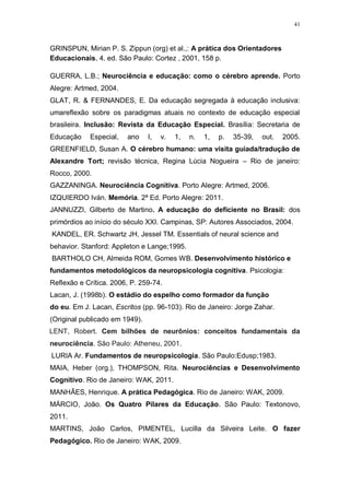 41
GRINSPUN, Mirian P. S. Zippun (org) et al.,: A prática dos Orientadores
Educacionais, 4. ed. São Paulo: Cortez , 2001, 158 p.
GUERRA, L.B.; Neurociência e educação: como o cérebro aprende. Porto
Alegre: Artmed, 2004.
GLAT, R. & FERNANDES, E. Da educação segregada à educação inclusiva:
umareflexão sobre os paradigmas atuais no contexto de educação especial
brasileira. Inclusão: Revista da Educação Especial. Brasília: Secretaria de
Educação Especial, ano I, v. 1, n. 1, p. 35-39, out. 2005.
GREENFIELD, Susan A. O cérebro humano: uma visita guiada/tradução de
Alexandre Tort; revisão técnica, Regina Lúcia Nogueira – Rio de janeiro:
Rocco, 2000.
GAZZANINGA. Neurociência Cognitiva. Porto Alegre: Artmed, 2006.
IZQUIERDO Iván. Memória. 2ª Ed. Porto Alegre: 2011.
JANNUZZI, Gilberto de Martino. A educação do deficiente no Brasil: dos
primórdios ao início do século XXI. Campinas, SP: Autores Associados, 2004.
KANDEL, ER. Schwartz JH, Jessel TM. Essentials of neural science and
behavior. Stanford: Appleton e Lange;1995.
BARTHOLO CH, Almeida ROM, Gomes WB. Desenvolvimento histórico e
fundamentos metodológicos da neuropsicologia cognitiva. Psicologia:
Reflexão e Crítica. 2006, P. 259-74.
Lacan, J. (1998b). O estádio do espelho como formador da função
do eu. Em J. Lacan, Escritos (pp. 96-103). Rio de Janeiro: Jorge Zahar.
(Original publicado em 1949).
LENT, Robert. Cem bilhões de neurônios: conceitos fundamentais da
neurociência. São Paulo: Atheneu, 2001.
LURIA Ar. Fundamentos de neuropsicologia. São Paulo:Edusp;1983.
MAIA, Heber (org.), THOMPSON, Rita. Neurociências e Desenvolvimento
Cognitivo. Rio de Janeiro: WAK, 2011.
MANHÃES, Henrique. A prática Pedagógica. Rio de Janeiro: WAK, 2009.
MÁRCIO, João. Os Quatro Pilares da Educação. São Paulo: Textonovo,
2011.
MARTINS, João Carlos, PIMENTEL, Lucilla da Silveira Leite. O fazer
Pedagógico. Rio de Janeiro: WAK, 2009.
 