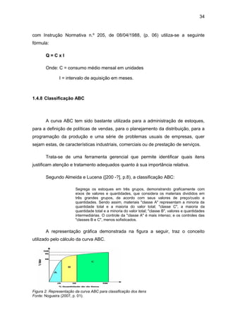 34



com Instrução Normativa n.º 205, de 08/04/1988, (p. 06) utiliza-se a seguinte
fórmula:

       Q=CxI

       Onde: C = consumo médio mensal em unidades

               I = intervalo de aquisição em meses.



1.4.8 Classificação ABC



       A curva ABC tem sido bastante utilizada para a administração de estoques,
para a definição de políticas de vendas, para o planejamento da distribuição, para a
programação da produção e uma série de problemas usuais de empresas, quer
sejam estas, de características industriais, comerciais ou de prestação de serviços.

       Trata-se de uma ferramenta gerencial que permite identificar quais itens
justificam atenção e tratamento adequados quanto à sua importância relativa.

       Segundo Almeida e Lucena ([200 -?], p.8), a classificação ABC:

                        Segrega os estoques em três grupos, demonstrando graficamente com
                        eixos de valores e quantidades, que considera os materiais divididos em
                        três grandes grupos, de acordo com seus valores de preço/custo e
                        quantidades. Sendo assim, materiais "classe A" representam a minoria da
                        quantidade total e a maioria do valor total; "classe C", a maioria da
                        quantidade total e a minoria do valor total; "classe B", valores e quantidades
                        intermediárias. O controle da "classe A" é mais intenso; e os controles das
                        "classes B e C", menos sofisticados.


       A representação gráfica demonstrada na figura a seguir, traz o conceito
utilizado pelo cálculo da curva ABC.




Figura 2: Representação da curva ABC para classificação dos itens
Fonte: Nogueira (2007, p. 01).
 