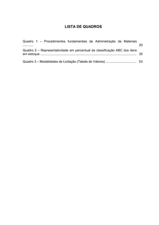 LISTA DE QUADROS


Quadro 1 – Procedimentos fundamentais de Administração de Materiais
............                                                        20
Quadro 2 – Representatividade em percentual da classificação ABC dos itens
em estoque ............................................................................................................ 35

Quadro 3 – Modalidades de Licitação (Tabela de Valores) .................................. 53
 