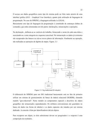22
O acesso aos dados geográficos neste tipo de sistema pode ser feito tanto através de uma
interface gráfica (GUI – Graphical User Interface), quanto pela utilização de linguagem de
programação. No caso do SPRING, a linguagem utilizada é a LEGAL.
Basicamente este tipo de linguagem de programação é constituído de sentenças (linhas de
comando), que estão estruturadas em três partes: declarações, instanciações e operações.
Na declaração , definem-se as variáveis de trabalho, fornecendo o nome de cada uma delas e
associando-as a uma categoria no esquema conceitual. Na instanciação os dados já existentes
são recuperados dos bancos ou cria-se novos planos de informação. Finalmente na operação,
são realizadas as operações de álgebra de mapas. Figura .3.1
Figura 3.1: Sig tradicional (Evolução).
O diferencial do SPRING para um SIG tradicional basicamente está no fato do primeiro
utilizar um sistema de gerenciamento de banco de dados) relacional (SGBDR), chamado
modelo "geo-relacional". Neste modelo os componentes espacial e descritivo do objeto
geográfico são armazenados separadamente. Os atributos convencionais são guardados no
banco de dados (na forma de tabelas) e os dados espaciais são tratados por um sistema
dedicado. A conexão é feita por identificadores (id) de objetos.
Para recuperar um objeto, os dois subsistemas devem ser pesquisados e a resposta é uma
composição de resultados.
 