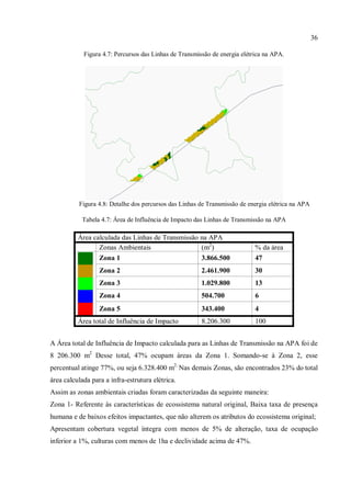 36
Figura 4.7: Percursos das Linhas de Transmissão de energia elétrica na APA.
Figura 4.8: Detalhe dos percursos das Linhas de Transmissão de energia elétrica na APA
Tabela 4.7: Área de Influência de Impacto das Linhas de Transmissão na APA
Área calculada das Linhas de Transmissão na APA
Zonas Ambientais (m2
) % da área
Zona 1 3.866.500 47
Zona 2 2.461.900 30
Zona 3 1.029.800 13
Zona 4 504.700 6
Zona 5 343.400 4
Área total de Influência de Impacto 8.206.300 100
A Área total de Influência de Impacto calculada para as Linhas de Transmissão na APA foi de
8 206.300 m2
Desse total, 47% ocupam áreas da Zona 1. Somando-se à Zona 2, esse
percentual atinge 77%, ou seja 6.328.400 m2.
Nas demais Zonas, são encontrados 23% do total
área calculada para a infra-estrutura elétrica.
Assim as zonas ambientais criadas foram caracterizadas da seguinte maneira:
Zona 1- Referente às características de ecossistema natural original, Baixa taxa de presença
humana e de baixos efeitos impactantes, que não alterem os atributos do ecossistema original;
Apresentam cobertura vegetal íntegra com menos de 5% de alteração, taxa de ocupação
inferior a 1%, culturas com menos de 1ha e declividade acima de 47%.
 