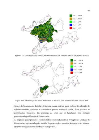 40
Figura 4.12:. Distribuição das Zonas Ambientais na Bacia 10, com área total de 240,32 km2 na APA
Figura 4.13:. Distribuição das Zonas Ambientais na Bacia 15, com área total de 23,66 km2 na APA
Através do levantamento da infra-estrutura de energia elétrica, que é o objeto de valoração do
trabalho estudado, revelou-se a existência de passivo ambiental. Assim, ficam previstas as
contribuições financeiras das empresas do setor que se beneficiam pela proteção
proporcionada por Unidade de Conservação.
As empresas que exploram os recursos hídricos se beneficiaram da proteção das Unidades de
Conservação, representada pelas medidas de preservação e manutenção dos recursos hídricos,
aplicadas aos ecossistemas das bacias hidrográficas.
 