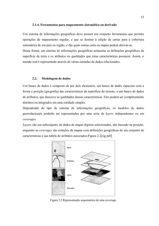 15
2.1.4. Ferramentas para mapeamento sistemático ou derivado
Um sistema de informações geográficas deve possuir um conjunto ferramentas que permita
operações de mapeamento regular, e que se destina à edição de cartas para a cobertura
sistemática de um país ou região, e das quais outras carta ou mapas podem derivar-se.
Dessa forma, um sistema de informações geográficas armazena as definições geográficas da
superfície da terra e os atributos ou qualidades que estas características possuem. Assim, o
mundo real é representado através de várias camadas de dados relacionados.
2.2. Modelagem de dados
Um banco de dados é composto de por dois elementos, um banco de dados espaciais com a
forma e posição (geografia) das características da superfície do terreno, e um banco de dados
de atributos, que descreve as qualidades dessas características. Eles podem ser completamente
distintos ou integrados em uma entidade simples.
Dependendo do tipo de sistema de informações geográficas, os modelos de dados
georrelacionais poderão ser representados por uma serie de layers independentes ou em
coverages.
Layers são um subconjunto de dados de mapas digitais selecionados, não baseado na posição,
enquanto as coverages são coleções de mapas com definições geográficas de um conjunto de
características e sua tabela de atributos associados.Figura 2.2[sig pdf]
Figura 2.2 Representação esquemática de uma coverage.
 