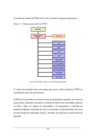 56
A estrutura de trabalho do PPNE com os GT é ilustrada no seguinte organograma:
Figura 1 – Organograma oficial do PPNE
Fonte: Sítio do PPNE em http://www.unb.br/ppne/grupos.html.
É a partir da articulação entre esses grupos que ocorre a efetiva atuação do PPNE na
construção de uma UnB mais inclusiva.
O PPNE tem constituído um sistema de apoio no qual podemos perceber, com maior ou
menor ênfase, dimensões necessárias à inclusão de alunos com necessidades especiais
na UnB, a saber, (1) ingresso na universidade e (2) permanência e conclusão da
trajetória acadêmica; sem perder de vista o investimento na educação básica por meio
da aproximação da comunidade externa e formação de professores e profissionais da
educação.
 