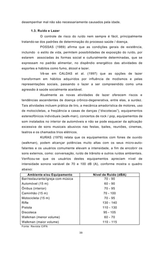39
desempenhar mal não são necessariamente causados pela idade.
1.3. Ruído e Lazer
O controle de risco do ruído nem sempre é fácil, principalmente
tratando-se dos padrões de determinação do processo saúde / doença.
POSSAS (1989) afirma que as condições gerais de existência,
incluindo o estilo de vida, permitem possibilidades de exposição do ruído, por
estarem associadas às formas social e culturalmente determinadas, que se
expressam no padrão alimentar, no dispêndio energético das atividades de
esportes e hábitos como fumo, álcool e lazer.
Vê-se em CALDAS et al. (1997) que as opções de lazer
transformam em hábitos adquiridos por influência de modismos e pelas
representações sociais, passando o lazer a ser compreendido como uma
agressão à saúde socialmente aceitável.
Atualmente as novas atividades de lazer oferecem riscos e
tendências ascendentes de doença crônico-degenerativa, entre elas, a surdez.
Tais atividades incluem prática de tiro, a mecânica amadorística de motores, uso
de motocicletas, a freqüência a casas de danças (“discotecas”), equipamentos
estereofônicos individuais (walk-man), concertos de rock / pop, equipamentos de
som instalados no interior de automóveis e não se pode esquecer da aplicação
excessiva de sons musicais abusivos nas festas, bailes, reuniões, cinemas,
teatros e os chamados trios elétricos.
KURAS (1979) relata que os equipamentos com fones de ouvido
(walkman), podem alcançar potências muito altas com os seus micro-auto-
falantes e os usuários comumente elevam a intensidade, a fim de encobrir os
sons externos, como: conversação, ruído de trânsito e outros ruídos ambientais.
Verificou-se que os usuários destes equipamentos apreciam nível de
intensidade sonora variável de 70 e 100 dB (A), conforme mostra o quadro
abaixo:
Ambiente e/ou Equipamento Nível de Ruído (dBA)
Bar/restaurante/igreja com música
Automóvel (15 m)
Ônibus (interior)
Caminhão (15 m)
Motocicleta (15 m)
Rifle
Pistola
Discoteca
Walkman (menor volume)
Walkman (maior volume)
70 - 90
60 - 90
70 - 95
70 - 100
70 - 95
130 - 140
110 - 130
95 - 105
60 - 70
110 - 115
Fonte: Revista CIPA
 