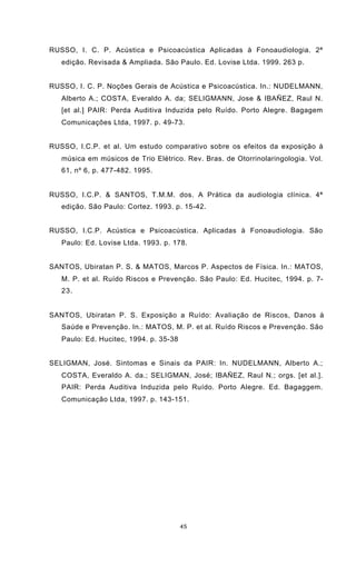 45
RUSSO, I. C. P. Acústica e Psicoacústica Aplicadas à Fonoaudiologia. 2ª
edição. Revisada & Ampliada. São Paulo. Ed. Lovise Ltda. 1999. 263 p.
RUSSO, I. C. P. Noções Gerais de Acústica e Psicoacústica. In.: NUDELMANN,
Alberto A.; COSTA, Everaldo A. da; SELIGMANN, Jose & IBAÑEZ, Raul N.
[et al.] PAIR: Perda Auditiva Induzida pelo Ruído. Porto Alegre. Bagagem
Comunicações Ltda, 1997. p. 49-73.
RUSSO, I.C.P. et al. Um estudo comparativo sobre os efeitos da exposição à
música em músicos de Trio Elétrico. Rev. Bras. de Otorrinolaringologia. Vol.
61, nº 6, p. 477-482. 1995.
RUSSO, I.C.P. & SANTOS, T.M.M. dos. A Prática da audiologia clínica. 4ª
edição. São Paulo: Cortez. 1993. p. 15-42.
RUSSO, I.C.P. Acústica e Psicoacústica. Aplicadas à Fonoaudiologia. São
Paulo: Ed. Lovise Ltda. 1993. p. 178.
SANTOS, Ubiratan P. S. & MATOS, Marcos P. Aspectos de Física. In.: MATOS,
M. P. et al. Ruído Riscos e Prevenção. São Paulo: Ed. Hucitec, 1994. p. 7-
23.
SANTOS, Ubiratan P. S. Exposição a Ruído: Avaliação de Riscos, Danos à
Saúde e Prevenção. In.: MATOS, M. P. et al. Ruído Riscos e Prevenção. São
Paulo: Ed. Hucitec, 1994. p. 35-38
SELIGMAN, José. Sintomas e Sinais da PAIR: In. NUDELMANN, Alberto A.;
COSTA, Everaldo A. da.; SELIGMAN, José; IBAÑEZ, Raul N.; orgs. [et al.].
PAIR: Perda Auditiva Induzida pelo Ruído. Porto Alegre. Ed. Bagaggem.
Comunicação Ltda, 1997. p. 143-151.
 