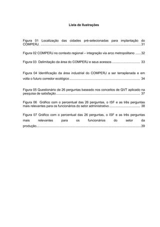 Lista de Ilustrações
Figura 01 Localização das cidades pré-selecionadas para implantação do
COMPERJ. ...............................................................................................................31
Figura 02 COMPERJ no contexto regional – integração via arco metropolitano ......32
Figura 03 Delimitação da área do COMPERJ e seus acessos ............................... 33
Figura 04 Identificação da área industrial do COMPERJ a ser terraplenada e em
volta o futuro corredor ecológico .............................................................................. 34
Figura 05 Questionário de 26 perguntas baseado nos conceitos de QVT aplicado na
pesquisa de satisfação............................................................................................. 37
Figura 06 Gráfico com o percentual das 26 perguntas, o ISF e as três perguntas
mais relevantes para os funcionários do setor administrativo .................................. 38
Figura 07 Gráfico com o percentual das 26 perguntas, o ISF e as três perguntas
mais relevantes para os funcionários do setor da
produção.....................................................................................................................39
 