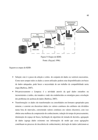 48
Figura 9: Etapas do KDD.
Fonte: (Fayyad, 1996)
Seguem as etapas do KDD:
• Seleção: este é o passo da seleção e coleta do conjunto de dados ou variáveis necessárias.
Como nem sempre todos os dados a serem utilizados podem estar disponibilizados em bases
de dados adequadas, pode haver a necessidade de um trabalho de compatibilidade nesta
etapa (Barbosa, 2007).
• Pré-processamento e Limpeza: é a atividade através da qual dados estranhos ou
inconsistentes e ruídos, são tratados e onde são estabelecidas as estratégias para a resolução
dos problemas de ausência de dados (Barbosa, 2007).
• Transformação: os dados são transformados ou consolidados em formatos apropriados para
minerar, e consiste em discretizar dados (os valores contínuos dos atributos são divididos
numa lista de intervalos, convertendo valores contínuos em valores discretos), com isso
obtém uma melhora da compreensão do conhecimento, redução do tempo de processamento,
diminuição do espaço de busca, facilitação do algoritmo de tomada de decisões, agregação
de dados (agrega dados existentes nas informações de modo que essas agregações
contribuam no processo de descoberta de conhecimento), derivação de dados (adicionam-se
 
