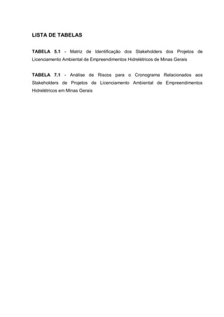 LISTA DE TABELAS
TABELA 5.1 - Matriz de Identificação dos Stakeholders dos Projetos de
Licenciamento Ambiental de Empreendimentos Hidrelétricos de Minas Gerais
TABELA 7.1 - Análise de Riscos para o Cronograma Relacionados aos
Stakeholders de Projetos de Licenciamento Ambiental de Empreendimentos
Hidrelétricos em Minas Gerais
 