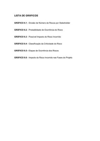 LISTA DE GRÁFICOS
GRÁFICO 8.1 - Divisão de Número de Riscos por Stakeholder
GRÁFICO 8.2 - Probabilidade de Ocorrência do Risco
GRÁFICO 8.3 - Possível Impacto do Risco Incorrido
GRÁFICO 8.4 - Classificação da Criticidade do Risco
GRÁFICO 8.5 - Etapas de Ocorrência dos Riscos
GRÁFICO 8.6 - Impacto do Risco Incorrido nas Fases do Projeto
 