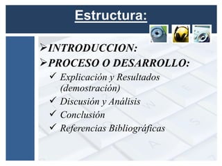 INTRODUCCION:
PROCESO O DESARROLLO:
  Explicación y Resultados
   (demostración)
  Discusión y Análisis
  Conclusión
  Referencias Bibliográficas
 