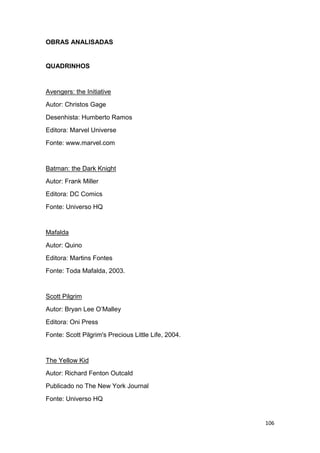 106
OBRAS ANALISADAS
QUADRINHOS
Avengers: the Initiative
Autor: Christos Gage
Desenhista: Humberto Ramos
Editora: Marvel Universe
Fonte: www.marvel.com
Batman: the Dark Knight
Autor: Frank Miller
Editora: DC Comics
Fonte: Universo HQ
Mafalda
Autor: Quino
Editora: Martins Fontes
Fonte: Toda Mafalda, 2003.
Scott Pilgrim
Autor: Bryan Lee O‟Malley
Editora: Oni Press
Fonte: Scott Pilgrim's Precious Little Life, 2004.
The Yellow Kid
Autor: Richard Fenton Outcald
Publicado no The New York Journal
Fonte: Universo HQ
 