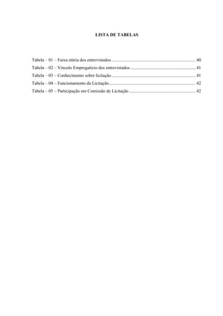 LISTA DE TABELAS 
Tabela – 01 – Faixa etária dos entrevistados ........................................................................... 40 
Tabela – 02 – Vínculo Empregatício dos entrevistados .......................................................... 41 
Tabela – 03 – Conhecimento sobre licitação ........................................................................... 41 
Tabela – 04 – Funcionamento da Licitação ............................................................................. 42 
Tabela – 05 – Participação em Comissão de Licitação ........................................................... 42 
 