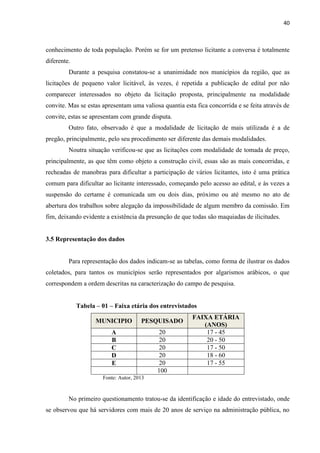 40 
conhecimento de toda população. Porém se for um pretenso licitante a conversa é totalmente diferente. 
Durante a pesquisa constatou-se a unanimidade nos municípios da região, que as licitações de pequeno valor licitável, às vezes, é repetida a publicação de edital por não comparecer interessados no objeto da licitação proposta, principalmente na modalidade convite. Mas se estas apresentam uma valiosa quantia esta fica concorrida e se feita através de convite, estas se apresentam com grande disputa. 
Outro fato, observado é que a modalidade de licitação de mais utilizada é a de pregão, principalmente, pelo seu procedimento ser diferente das demais modalidades. 
Noutra situação verificou-se que as licitações com modalidade de tomada de preço, principalmente, as que têm como objeto a construção civil, essas são as mais concorridas, e recheadas de manobras para dificultar a participação de vários licitantes, isto é uma prática comum para dificultar ao licitante interessado, começando pelo acesso ao edital, e às vezes a suspensão do certame é comunicada um ou dois dias, próximo ou até mesmo no ato de abertura dos trabalhos sobre alegação da impossibilidade de algum membro da comissão. Em fim, deixando evidente a existência da presunção de que todas são maquiadas de ilicitudes. 
3.5 Representação dos dados 
Para representação dos dados indicam-se as tabelas, como forma de ilustrar os dados coletados, para tantos os municípios serão representados por algarismos arábicos, o que correspondem a ordem descritas na caracterização do campo de pesquisa. 
Tabela – 01 – Faixa etária dos entrevistados MUNICIPIO PESQUISADO FAIXA ETÁRIA (ANOS) 
A 
20 
17 - 45 
B 
20 
20 - 50 
C 
20 
17 - 50 
D 
20 
18 - 60 
E 
20 
17 - 55 
100 
Fonte: Autor, 2013 
No primeiro questionamento tratou-se da identificação e idade do entrevistado, onde se observou que há servidores com mais de 20 anos de serviço na administração pública, no  