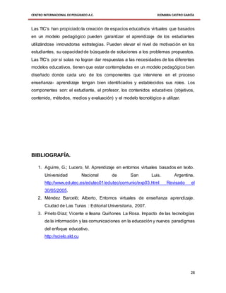 CENTRO INTERNACIONAL DE POSGRADO A.C. XIOMARA CASTRO GARCÍA
28
Las TIC's han propiciado la creación de espacios educativos virtuales que basados
en un modelo pedagógico pueden garantizar el aprendizaje de los estudiantes
utilizándose innovadoras estrategias. Pueden elevar el nivel de motivación en los
estudiantes, su capacidad de búsqueda de soluciones a los problemas propuestos.
Las TIC's por sí solas no logran dar respuestas a las necesidades de los diferentes
modelos educativos, tienen que estar contempladas en un modelo pedagógico bien
diseñado donde cada uno de los componentes que interviene en el proceso
enseñanza- aprendizaje tengan bien identificados y establecidos sus roles. Los
componentes son: el estudiante, el profesor, los contenidos educativos (objetivos,
contenido, métodos, medios y evaluación) y el modelo tecnológico a utilizar.
BIBLIOGRAFÍA.
1. Aguirre, G.; Lucero, M. Aprendizaje en entornos virtuales basados en texto.
Universidad Nacional de San Luis. Argentina.
http://www.edutec.es/edutec01/edutec/comunic/exp03.html Revisado el
30/05/2005.
2. Méndez Barceló; Alberto, Entornos virtuales de enseñanza aprendizaje.
Ciudad de Las Tunas : Editorial Universitaria, 2007.
3. Prieto Díaz; Vicente e Ileana Quiñones La Rosa. Impacto de las tecnologías
de la información y las comunicaciones en la educación y nuevos paradigmas
del enfoque educativo.
http://scielo.sld.cu
 