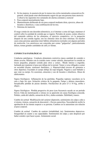 4. En las mujeres, la ausencia de por lo menos tres ciclos menstruales consecutivos.En
general, usted puede estar absolutamente seguro de que una persona tiene anorexia
si observa las siguientes tres semanales de alarma constante y esencial
5. Peso corporal anormalmente bajo.
6. Mantenimiento deliberado de ese peso corporal mediante dieta, ejercicio, abuso de
laxantes o diuréticos, o una combinación de los tres.
7. Síntomas de inanición
El rasgo común de este desorden alimenticio, es el intentar a como dé lugar, mantener el
control sobre la cantidad de comida que se ingiere. Periodos de ayuno, conteo obsesivo
del contenido calórico de los alimentos, el ejercicio compulsivo, y/o la purgación
después de una comida regular, son los síntomas otros de estos síntomas. En muchos
casos estas personas aparentan tener hábitos alimenticios normales con algunos periodos
de restricción. Los anoréxicos son conocidos por comer "galguerías", particularmente
dulces, toman grandes cantidades de café y/o fuman.
CONDUCTAS PATOLÓGICAS
Conductas patológicas Conducta alimentaria restrictiva (poca cantidad de comida) o
dietas severas. Rituales con la comida como: contar calorías, descuartizar la comida en
trozos pequeños, preparar comida para otros y comer... Miedo intenso a engordar,
luchando por mantener el peso por debajo de lo normal. Temor a verse obligado a comer
en sociedad (fiestas, reuniones familiares,...). Hiperactividad (exceso de gimnasia u
otros deportes). Esconden el cuerpo debajo de ropa holgada. Negarse a usar bañador y
que vean su cuerpo. En ocasiones, atracones y uso de laxantes o diuréticos. Abuso de
edulcorantes.
Signos fisiológicos Inflamación de las parótidas. Pequeñas rupturas vasculares en la
cara o bajo los ojos. Irritación crónica de la garganta. Fatiga y dolores musculares.
Inexplicable pérdida de piezas dentales. Oscilaciones de peso (5 ó 10 Kg, arriba o
abajo). .
Signos fisiológicos Pérdida progresiva de peso (con frecuencia sucede en un período
breve). Falta de menstruación o retraso en su aparición sin causa fisiológica conocida.
Palidez, caída del cabello, sensación de frío y dedos azulados. Debilidad y mareo.
Cambio de actitud Modificación del carácter (depresión, sentimientos de culpa u odio a
sí mismo, tristeza, sensación de descontrol...) Severa autocrítica. Necesidad de recibir la
aprobación de los demás respecto a su persona. Cambios en la autoestima con relación
al peso corporal.
Cambio de actitud Cambio de carácter (irritabilidad, ira). Sentimientos depresivos.
Inseguridad en cuanto a sus capacidades. Sentimientos de culpa y auto despreció por
haber comido o por hacer ayuno. Aislamiento social.
9
 