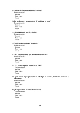 13. ¿Tratas de fingir que no tienes hambre?
Frecuentemente
A veces
Raras veces
Nunca
14. En los últimos 4 meses trataste de modificar tu peso?
Frecuentemente
A veces
Raras veces
Nunca
15. ¿Habitualmente ingerís calorías?
Frecuentemente
A veces
Raras veces
Nunca
16. ¿Ingieres normalmente tu comida?
Frecuentemente
A veces
Raras veces
Nunca
17. ¿T e has preguntado que es la anorexia nerviosa?
Frecuentemente
A veces
Raras veces
Nunca
18. ¿La anorexia puede afectar en tu vida?
Frecuentemente
A veces
Raras veces
Nunca
19. ¿Ha tenido algún problema de este tipo en su casa, familiares cercanos o
amistades?
Frecuentemente
A veces
Raras veces
Nunca
20. ¿Has pensado si tu sufres de anorexia?
Frecuentemente
A veces
Raras veces
Nunca
48
 