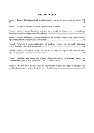 LISTA DE FIGURAS

Figura 1 - Imagem da estufa destinada a implantação do experimento com o clone do cajueiro CPP
76 ....................................................................................................................................................... 25

Figura 2 - Posição da castanha no semeio e profundidade de semeio .............................................. 28

Figura 3 - Altura de plantas de cajueiro anão precoce em função da irrigação com combinações da
água de origem doméstica com a de abastecimento ......................................................................... 31

Figura 4 - Número de folhas de cajueiro anão precoce em função da irrigação com combinações da
água de origem doméstica com a de abastecimento ......................................................................... 32

Figura 5 - Área foliar de cajueiro anão precoce em função da irrigação com combinações da água de
origem doméstica com a de abastecimento ....................................................................................... 34

Figura 6 - Diâmetro do caule de cajueiro anão precoce em função da irrigação com combinações da
água de origem doméstica com a de abastecimento ......................................................................... 34

Figura 7 - Matéria fresca e seca da parte aérea de cajueiro anão precoce em função da irrigação com
combinações da água de origem doméstica com a de abastecimento ............................................... 36

Figura 8 - Matéria fresca e seca da raiz de cajueiro anão precoce em função da irrigação com
combinações da água de origem doméstica com a de abastecimento ............................................... 38
 