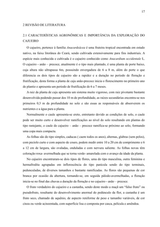 17



2 REVISÃO DE LITERATURA


2.1 CARACTERÍSTICAS AGRONÔMICAS E IMPORTÂNCIA DA EXPLORAÇÃO DO
CAJUEIRO

   O cajueiro, pertence à família Anacardeácea é uma fruteira tropical encontrada em estado
nativo, na faixa litorânea do Ceará, sendo cultivada extensivamente para fins industriais. A
espécie mais conhecida e cultivada é o cajueiro conhecido como Anacardium occidentale L.
O cajueiro - anão – precoce, atualmente é o tipo mais plantado, é uma planta de porte baixo,
cuja altura não ultrapassa 6m, possuindo envergadura de 6 a 8 m, além do porte o que
diferencia os dois tipos de cajueiro são a rapidez e a duração no período de floração e
frutificação, desta forma a planta de caju anão-precoce inicia o florescimento no primeiro ano
de plantio e apresenta um período de frutificação de 6 a 7 meses.
   A raiz da planta de caju apresenta um sistema muito vigoroso, com raiz pivotante bastante
desenvolvida podendo passar dos 10 m de profundidade, as raízes secundárias encontra-se nos
primeiros 0,3 m da profundidade no solo e são essas as responsáveis de absorverem os
nutrientes e a água para a planta.
   Normalmente o caule apresenta-se ereto, entretanto devido as condições de solo, o caule
pode ser muito curto e desenvolver ramificações ao nível do solo resultando em plantas do
tipo rastejante, o caule do cajueiro – anão – precoce ramifica-se próximo ao solo, formando
uma copa mais compacta.
   As folhas são do tipo simples, caducas ( caem todos os anos), alternas, glabras (sem pelos),
com pecíolo curto e com aspecto de couro, podem medir entre 10 a 20 cm de comprimento e 6
a 12 cm de largura, são ovaladas, onduladas e com nervura saliente. As folhas novas têm
coloração roxa- avermelhada que se torna verde- amarelada com o avanço da idade da planta.
   No cajueiro encontraram-se dois tipos de flores, uma do tipo masculina, outra feminina e
hermafrodita agrupadas em inflorescência do tipo panícula sendo do tipo terminais,
pedunculadas, de diversos tamanhos e bastante ramificadas. As flores são pequenas de cor
branca por ocasião da abertura, tornando-se, em seguida pálodo-avermelhadas, a floração
inicia-se no final das chuvas a duração da floração e no cajueiro - anão – precoce.
   O fruto verdadeiro do cajueiro e a castanha, sendo deste modo a maçã um “falso fruto” ou
pseudofruto, resultante do desenvolvimento anormal do pedúnculo da flor, a castanha é um
fruto seco, chamado de aquênio, de aspecto reniforme de peso e tamanho variáveis, de cor
cinza ou verde acinzentada, com superfície lisa e composta por casca, película e amêndoa.
 