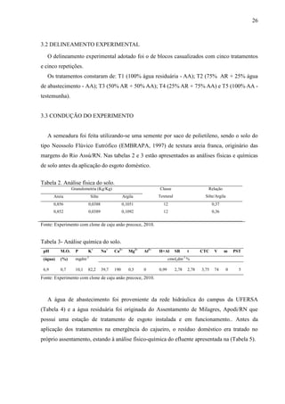 26



3.2 DELINEAMENTO EXPERIMENTAL

   O delineamento experimental adotado foi o de blocos casualizados com cinco tratamentos
e cinco repetições.
   Os tratamentos constaram de: T1 (100% água residuária - AA); T2 (75% AR + 25% água
de abastecimento - AA); T3 (50% AR + 50% AA); T4 (25% AR + 75% AA) e T5 (100% AA -
testemunha).


3.3 CONDUÇÃO DO EXPERIMENTO


   A semeadura foi feita utilizando-se uma semente por saco de polietileno, sendo o solo do
tipo Neossolo Flúvico Eutrófico (EMBRAPA, 1997) de textura areia franca, originário das
margens do Rio Assú/RN. Nas tabelas 2 e 3 estão apresentados as análises físicas e químicas
de solo antes da aplicação do esgoto doméstico.


Tabela 2. Análise física do solo.
                 Granulometria (Kg/Kg)                               Classe                           Relação
       Areia                   Silte                Argila           Textural                        Silte/Argila
       0,856               0,0388                   0,1051             12                                 0,37
       0,852               0,0389                   0,1092             12                                 0,36


Fonte: Experimento com clone de caju anão precoce, 2010.


Tabela 3- Análise química do solo.
 pH       M.O.     P       K+          Na+    Ca2+     Mg2+   Al3+   H+Al       SB          t      CTC     V     m      PST
                          -3                                                           -3
 (água)   (%)      mgdm                                                     cmolcdm %

 6,9      0,7      10,1    82,2        39,7   190      0,5    0      0,99       2,78        2,78   3,75    74       0     5
Fonte: Experimento com clone de caju anão precoce, 2010.



   A água de abastecimento foi proveniente da rede hidráulica do campus da UFERSA
(Tabela 4) e a água residuária foi originada do Assentamento de Milagres, Apodi/RN que
possui uma estação de tratamento de esgoto instalada e em funcionamento.. Antes da
aplicação dos tratamentos na emergência do cajueiro, o resíduo doméstico era tratado no
próprio assentamento, estando à análise físico-química do efluente apresentada na (Tabela 5).
 
