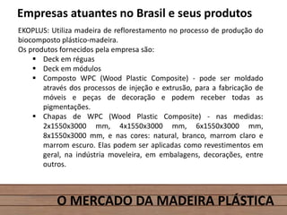 O MERCADO DA MADEIRA PLÁSTICA
Empresas atuantes no Brasil e seus produtos
EKOPLUS: Utiliza madeira de reflorestamento no processo de produção do
biocomposto plástico-madeira.
Os produtos fornecidos pela empresa são:
 Deck em réguas
 Deck em módulos
 Composto WPC (Wood Plastic Composite) - pode ser moldado
através dos processos de injeção e extrusão, para a fabricação de
móveis e peças de decoração e podem receber todas as
pigmentações.
 Chapas de WPC (Wood Plastic Composite) - nas medidas:
2x1550x3000 mm, 4x1550x3000 mm, 6x1550x3000 mm,
8x1550x3000 mm, e nas cores: natural, branco, marrom claro e
marrom escuro. Elas podem ser aplicadas como revestimentos em
geral, na indústria moveleira, em embalagens, decorações, entre
outros.
 
