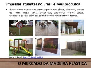 O MERCADO DA MADEIRA PLÁSTICA
Empresas atuantes no Brasil e seus produtos
 Produz diversos produtos como: suporte para placas, divisórias, bancos
de jardins, mesas, decks, pergolados, parquinhos infantis, cercas,
fachadas e pallets, além dos perfis de diversos tamanhos e formas.
Fonte: In Brasil. http://inbrasil.ind.br/
 