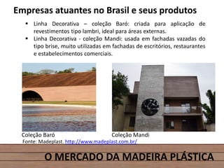 O MERCADO DA MADEIRA PLÁSTICA
Empresas atuantes no Brasil e seus produtos
 Linha Decorativa – coleção Baró: criada para aplicação de
revestimentos tipo lambri, ideal para áreas externas.
 Linha Decorativa - coleção Mandi: usada em fachadas vazadas do
tipo brise, muito utilizadas em fachadas de escritórios, restaurantes
e estabelecimentos comerciais.
Fonte: Madeplast. http://www.madeplast.com.br/
Coleção Baró Coleção Mandi
 