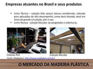 O MERCADO DA MADEIRA PLÁSTICA
Empresas atuantes no Brasil e seus produtos
 Linha Técnica – coleção Aitá: possuí textura amadeirada, indicada
para aplicações de alto desempenho, como deck elevado, deck em
áreas de grande circulação, píer e spa.
 Linha Técnica - coleção Marubo: de pergolados e coberturas.
Coleção Aitá Coleção Marubo
Fonte: Madeplast. http://www.madeplast.com.br/
 