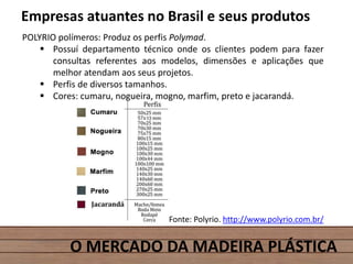 O MERCADO DA MADEIRA PLÁSTICA
Empresas atuantes no Brasil e seus produtos
POLYRIO polímeros: Produz os perfis Polymad.
 Possuí departamento técnico onde os clientes podem para fazer
consultas referentes aos modelos, dimensões e aplicações que
melhor atendam aos seus projetos.
 Perfis de diversos tamanhos.
 Cores: cumaru, nogueira, mogno, marfim, preto e jacarandá.
Fonte: Polyrio. http://www.polyrio.com.br/
 