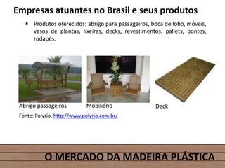 O MERCADO DA MADEIRA PLÁSTICA
Empresas atuantes no Brasil e seus produtos
 Produtos oferecidos: abrigo para passageiros, boca de lobo, móveis,
vasos de plantas, lixeiras, decks, revestimentos, pallets, pontes,
rodapés.
Fonte: Polyrio. http://www.polyrio.com.br/
MobiliárioAbrigo passageiros Deck
 