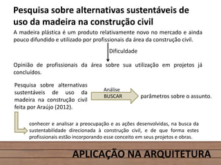 APLICAÇÃO NA ARQUITETURA
Pesquisa sobre alternativas sustentáveis de
uso da madeira na construção civil
A madeira plástica é um produto relativamente novo no mercado e ainda
pouco difundido e utilizado por profissionais da área da construção civil.
Pesquisa sobre alternativas
sustentáveis de uso da
madeira na construção civil
feita por Araújo (2012).
Opinião de profissionais da área sobre sua utilização em projetos já
concluídos.
Dificuldade
parâmetros sobre o assunto.BUSCAR
Análise
conhecer e analisar a preocupação e as ações desenvolvidas, na busca da
sustentabilidade direcionada à construção civil, e de que forma estes
profissionais estão incorporando esse conceito em seus projetos e obras.
 