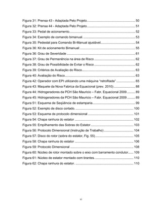 Figura 31: Prensa 43 - Adaptada Pelo Projeto. ..................................................... 50
Figura 32: Prensa 44 - Adaptada Pelo Projeto. ..................................................... 51
Figura 33: Pedal de acionamento.......................................................................... 52
Figura 34: Exemplo de comando bimanual. .......................................................... 53
Figura 35: Pedestal para Comando Bi-Manual ajustável....................................... 54
Figura 36: Kit de acionamento Bimanual:.............................................................. 55
Figura 36: Grau de Severidade ............................................................................. 61
Figura 37: Grau de Permanência na área de Risco .............................................. 62
Figura 38: Grau de Possibilidade de Evitar o Risco .............................................. 62
Figura 39: Critérios de Avaliação do Risco............................................................ 63
Figura 40: Avaliação do Risco............................................................................... 63
Figura 42: Operador com EPI utilizando uma máquina “retrofitada” ..................... 65
Figura 43: Maquete da Nova Fabrica da Equacional (prev. 2010) ........................ 88
Figura 44: Hidrogeradores da PCH São Mauricio – Fabr. Equacional 2009 ......... 89
Figura 45: Hidrogeradores da PCH São Mauricio – Fabr. Equacional 2009 ......... 89
Figura 51: Esquema de Seqüência de estamparia................................................ 99
Figura 52: Exemplo de disco cortado. ................................................................. 100
Figura 53: Esquema de protocolo dimensional ................................................... 101
Figura 54: Chapa ranhura do estator .................................................................. 102
Figura 55: Empilhamento das Sobras do Estator ................................................ 103
Figura 56: Protocolo Dimensional (Instrução de Trabalho) ................................. 104
Figura 57: Disco do rotor (sobra do estator, Fig. 55)........................................... 105
Figura 58: Chapa ranhura do estator .................................................................. 106
Figura 59: Protocolo Dimensional ....................................................................... 108
Figura 60: Núcleo de rotor montado sobre o eixo com barramento condutor...... 109
Figura 61: Núcleo de estator montado com tirantes............................................ 110
Figura 62: Chapa ranhura do estator. ................................................................. 110

xi

 