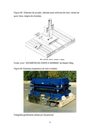 Figura 48 - Estampo de punção, utilizado para ranhuras de rotor, canais de
guia, furos, rasgos de chavetas.

Fonte: Livro ” ESTAMPOS DE CORTE E NORMAS” de Aladar Hittig.
Figura 49: Estampo progressivo de rotor e estator.

Fotografia gentilmente cedida por Equacional

96

 