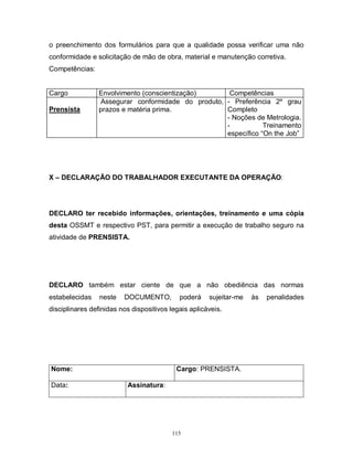 o preenchimento dos formulários para que a qualidade possa verificar uma não
conformidade e solicitação de mão de obra, material e manutenção corretiva.
Competências:

Cargo
Prensista

Envolvimento (conscientização)
Competências
Assegurar conformidade do produto, - Preferência 2º grau
prazos e matéria prima.
Completo
- Noções de Metrologia.
Treinamento
específico “On the Job”

X – DECLARAÇÃO DO TRABALHADOR EXECUTANTE DA OPERAÇÃO:

DECLARO ter recebido informações, orientações, treinamento e uma cópia
desta OSSMT e respectivo PST, para permitir a execução de trabalho seguro na
atividade de PRENSISTA.

DECLARO também estar ciente de que a não obediência das normas
estabelecidas

neste

DOCUMENTO,

poderá

sujeitar-me

disciplinares definidas nos dispositivos legais aplicáveis.

Nome:
Data:

Cargo: PRENSISTA.
Assinatura:

115

às

penalidades

 