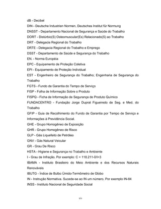 dB - Decibel
DIN - Deutsche Industrien Normen, Deutsches Institut für Normung
DNSST - Departamento Nacional de Segurança e Saúde do Trabalho
DORT - Distúrbio(S) Osteomuscular(Es) Relacionado(S) ao Trabalho
DRT - Delegacia Regional do Trabalho
DRTE - Delegacia Regional do Trabalho e Emprego
DSST - Departamento de Saúde e Segurança do Trabalho
EN. - Norma Européia
EPC - Equipamento de Proteção Coletiva
EPI - Equipamento de Proteção Individual
EST - Engenheiro de Segurança do Trabalho; Engenharia de Segurança do
Trabalho
FGTS - Fundo de Garantia do Tempo de Serviço
FISP - Folha de Informação Sobre o Produto
FISPQ - Ficha de Informação de Segurança de Produto Químico
FUNDACENTRO - Fundação Jorge Duprat Figueiredo de Seg. e Med. do
Trabalho
GFIP - Guia de Recolhimento do Fundo de Garantia por Tempo de Serviço e
Informações à Previdência Social.
GHE - Grupo Homogêneo de Exposição
GHR - Grupo Homogêneo de Risco
GLP - Gás Liquefeito de Petróleo
GNV - Gás Natural Veicular
GR - Grau De Risco
HSTA - Higiene e Segurança no Trabalho e Ambiente
I - Grau de Infração. Por exemplo: C = 118.211-0/I=3
IBAMA - Instituto Brasileiro do Meio Ambiente e dos Recursos Naturais
Renováveis
IBUTG - Índice de Bulbo Úmido-Termômetro de Globo
IN - Instrução Normativa. Sucede-se ao IN um número. Por exemplo IN-84
INSS - Instituto Nacional de Seguridade Social

xiv

 