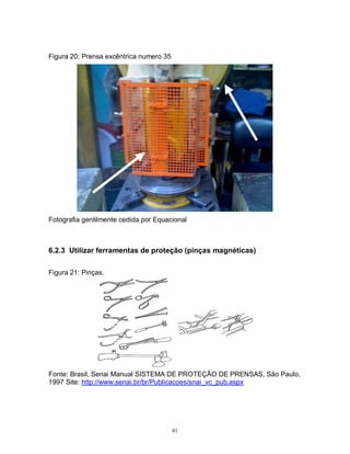 Figura 20: Prensa excêntrica numero 35

Fotografia gentilmente cedida por Equacional

6.2.3 Utilizar ferramentas de proteção (pinças magnéticas)
Figura 21: Pinças.

Fonte: Brasil, Senai Manual SISTEMA DE PROTEÇÃO DE PRENSAS, São Paulo,
1997 Site: http://www.senai.br/br/Publicacoes/snai_vc_pub.aspx

41

 