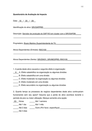 132
Questionário de Avaliação de Impacto
Data: _18__/ _05__/ _09__
Identificação do ativo: SRVSAPPRD ____________________________________
Descrição: Servidor de produção do SAP R/3 em cluster com o SRVSAPDB_____
_________________________________________________________________
Proprietário: Álvaro Martins (Superintendente de TI) ________________________
Ativos Dependentes (Entrada): RW3100 _________________________________
_________________________________________________________________
Ativos Dependentes (Saída): SRVDW01, SRVMESPRD, RW3100_____________
_________________________________________________________________
1. A perda deste ativo causaria o seguinte efeito à organização:
__X__ A. Efeito catastrófico na organização ou algumas divisões
_____ B. Efeito catastrófico em uma divisão
_____ C. Efeito moderado na organização ou algumas divisões
_____ D. Efeito moderado em uma divisão
_____ E. Efeito secundário na organização ou algumas divisões
2. Quanto tempo os processos de negócio dependentes deste ativo continuariam
funcionando sem seu apoio? Assuma que a perda do ativo acontece durante o
período de pico ou maior utilização. Marque somente uma opção:
_03__ Horas _____ Até 1 semana
_____ Até 1 dia _____ Até 1 mês
_____ Até 2 dias _____ Outro (Por favor, especifique) ____________________
_____ Até 3 dias
 