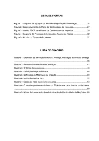 8
LISTA DE FIGURAS
Figura 1: Diagrama da Equação do Risco de Segurança da Informação..................24
Figura 2: Desenvolvimento do Plano de Continuidade de Negócios.........................27
Figura 3: Modelo PDCA para Planos de Continuidade de Negócios.........................29
Figura 4: Diagrama do Processo de Avaliação e Análise de Riscos. ........................32
Figura 5: A Linha do Tempo de Incidentes................................................................57
LISTA DE QUADROS
Quadro 1: Exemplos de ameaças humanas: Ameaça, motivação e ações da ameaça
..................................................................................................................................39
Quadro 2: Pares de Vulnerabilidades/Ameaças........................................................41
Quadro 3: Critérios de segurança .............................................................................46
Quadro 4: Definições de probabilidade .....................................................................48
Quadro 5: Definições de Magnitude de Impacto .......................................................50
Quadro 6: Matriz de nível de risco.............................................................................52
Quadro 7: Escala de risco e ações necessárias........................................................53
Quadro 8: O uso das partes constituintes do PCN durante cada fase de um incidente
..................................................................................................................................59
Quadro 9: Níveis de treinamento de Administração de Continuidade de Negócios ..63
 