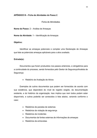 80
APÊNDICE B – Ficha de Atividades do Passo 2
Ficha de Atividades
Nome do Passo: 2 – Análise de Ameaças
Nome da Atividade: 1 – Identificação de Ameaças
Objetivo:
Identificar as ameaças potenciais e compilar uma Declaração de Ameaças
que liste as potenciais ameaças aplicáveis para o ativo avaliado.
Entrada(s):
Documentos que foram produzidos nos passos anteriores, e obrigatórios para
a continuidade do processo, sendo fornecidos pelo Gestor de Segurança/Analista de
Segurança:
 Relatório de Avaliação de Ativos
Exemplos de outros documentos que podem ser fornecidos de acordo com
sua existência, que dependerá do nível de registro exigido, da documentação
existente, e do histórico da organização. Isso implica que nem todos podem estar
disponíveis, e outros poderão ser acrescidos à lista abaixo, variando conforme o
caso:
 Relatórios de paradas de sistemas
 Relatórios de violação de segurança
 Relatórios de incidentes
 Documentos de fontes externas de informações de ameaças
 Relatórios de entrevistas
 