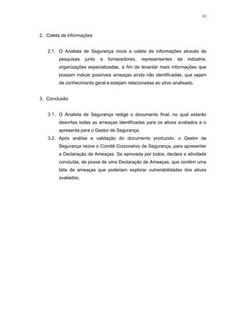 82
2. Coleta de informações
2.1. O Analista de Segurança inicia a coleta de informações através de
pesquisas junto a fornecedores, representantes da indústria,
organizações especializadas, a fim de levantar mais informações que
possam indicar possíveis ameaças ainda não identificadas, que sejam
de conhecimento geral e estejam relacionadas ao ativo analisado.
3. Conclusão
3.1. O Analista de Segurança redige o documento final, no qual estarão
descritas todas as ameaças identificadas para os ativos avaliados e o
apresenta para o Gestor de Segurança.
3.2. Após análise e validação do documento produzido, o Gestor de
Segurança reúne o Comitê Corporativo de Segurança, para apresentar
a Declaração de Ameaças. Se aprovada por todos, declara a atividade
concluída, de posse de uma Declaração de Ameaças, que contém uma
lista de ameaças que poderiam explorar vulnerabilidades dos ativos
avaliados.
 