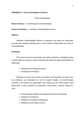 83
APÊNDICE C – Ficha de Atividades do Passo 3
Ficha de Atividades
Nome do Passo: 3 – Identificação de Vulnerabilidades
Nome da Atividade: 1 – Identificar vulnerabilidades do ativo
Objetivo:
Identificar vulnerabilidades (falhas ou fraquezas) que podem ser exploradas
por potenciais ameaças aplicáveis para o ativo avaliado e desenvolver uma Lista de
Vulnerabilidades.
Entrada(s):
Documentos que foram produzidos nos passos anteriores, e obrigatórios para
a continuidade do processo, sendo fornecidos pelo Gestor de Segurança/Analista de
Segurança:
 Relatórios de Avaliação de Ativos
 Declaração de Ameaças
Exemplos de outros documentos que podem ser fornecidos de acordo com
sua existência, que dependerá do nível de registro exigido, da documentação
existente, e do histórico da organização. Isso implica que nem todos podem estar
disponíveis, e outros poderão ser acrescidos à lista abaixo, variando conforme o
caso:
 Documentação existente de Avaliações de Riscos já realizadas
 Relatórios de Auditorias
 Relatórios de Revisão de Segurança
 Relatórios de Anomalias do Ativo
 