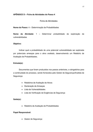 87
APÊNDICE D – Ficha de Atividades do Passo 4
Ficha de Atividades
Nome do Passo: 4 – Determinação de Probabilidades
Nome da Atividade: 1 – Determinar probabilidade de exploração de
vulnerabilidades
Objetivo:
Indicar qual a probabilidade de uma potencial vulnerabilidade ser explorada
por potenciais ameaças para o ativo avaliado, desenvolvendo um Relatório de
Avaliação de Probabilidades.
Entrada(s):
Documentos que foram produzidos nos passos anteriores, e obrigatórios para
a continuidade do processo, sendo fornecidos pelo Gestor de Segurança/Analista de
Segurança:
 Relatórios de Avaliação de Ativos
 Declaração de Ameaças
 Lista de Vulnerabilidades
 Lista de Verificação de Exigências de Segurança
Saída(s):
 Relatório de Avaliação de Probabilidades
Papel Responsável:
 Gestor de Segurança
 