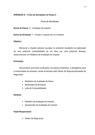 90
APÊNDICE E – Ficha de Atividades do Passo 5
Ficha de Atividades
Nome do Passo: 5 – Avaliação de Impacto
Nome da Atividade: 1 – Avaliar o impacto de um incidente
Objetivo:
Mensurar o impacto adverso causado no ambiente resultante da exploração
de uma potencial vulnerabilidade de um ativo por uma potencial ameaça,
desenvolvendo um Relatório de Avaliação de Impacto.
Entrada(s):
Documentos que foram produzidos nos passos anteriores, e obrigatórios para
a continuidade do processo, sendo fornecidos pelo Gestor de Segurança/Analista de
Segurança:
 Relatórios de Avaliação de Ativos
 Declaração de Ameaças
 Lista de Vulnerabilidades
Saída(s):
 Relatório de Avaliação de Impacto
 Questionário de Avaliação de Impacto
Papel Responsável:
 Gestor de Segurança
 