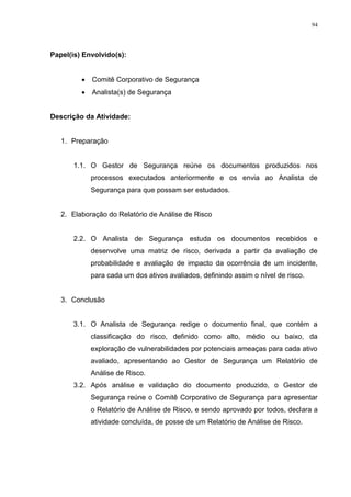 94
Papel(is) Envolvido(s):
 Comitê Corporativo de Segurança
 Analista(s) de Segurança
Descrição da Atividade:
1. Preparação
1.1. O Gestor de Segurança reúne os documentos produzidos nos
processos executados anteriormente e os envia ao Analista de
Segurança para que possam ser estudados.
2. Elaboração do Relatório de Análise de Risco
2.2. O Analista de Segurança estuda os documentos recebidos e
desenvolve uma matriz de risco, derivada a partir da avaliação de
probabilidade e avaliação de impacto da ocorrência de um incidente,
para cada um dos ativos avaliados, definindo assim o nível de risco.
3. Conclusão
3.1. O Analista de Segurança redige o documento final, que contém a
classificação do risco, definido como alto, médio ou baixo, da
exploração de vulnerabilidades por potenciais ameaças para cada ativo
avaliado, apresentando ao Gestor de Segurança um Relatório de
Análise de Risco.
3.2. Após análise e validação do documento produzido, o Gestor de
Segurança reúne o Comitê Corporativo de Segurança para apresentar
o Relatório de Análise de Risco, e sendo aprovado por todos, declara a
atividade concluída, de posse de um Relatório de Análise de Risco.
 