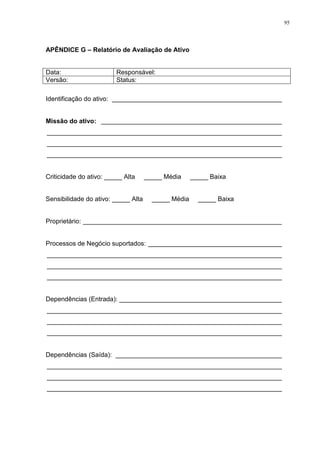 95
APÊNDICE G – Relatório de Avaliação de Ativo
Data: Responsável:
Versão: Status:
Identificação do ativo: _______________________________________________
Missão do ativo: __________________________________________________
_________________________________________________________________
_________________________________________________________________
_________________________________________________________________
Criticidade do ativo: _____ Alta _____ Média _____ Baixa
Sensibilidade do ativo: _____ Alta _____ Média _____ Baixa
Proprietário: _______________________________________________________
Processos de Negócio suportados: _____________________________________
_________________________________________________________________
_________________________________________________________________
_________________________________________________________________
Dependências (Entrada): _____________________________________________
_________________________________________________________________
_________________________________________________________________
_________________________________________________________________
Dependências (Saída): ______________________________________________
_________________________________________________________________
_________________________________________________________________
_________________________________________________________________
 