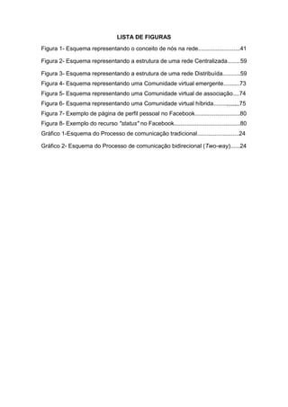 LISTA DE FIGURAS
Figura 1- Esquema representando o conceito de nós na rede..........................41
Figura 2- Esquema representando a estrutura de uma rede Centralizada........59
Figura 3- Esquema representando a estrutura de uma rede Distribuída...........59
Figura 4- Esquema representando uma Comunidade virtual emergente..........73
Figura 5- Esquema representando uma Comunidade virtual de associação....74
Figura 6- Esquema representando uma Comunidade virtual híbrida........,,,,,,,,75
Figura 7- Exemplo de página de perfil pessoal no Facebook............................80
Figura 8- Exemplo do recurso "status" no Facebook.........................................80
Gráfico 1-Esquema do Processo de comunicação tradicional..........................24
Gráfico 2- Esquema do Processo de comunicação bidirecional (Two-way)......24

 